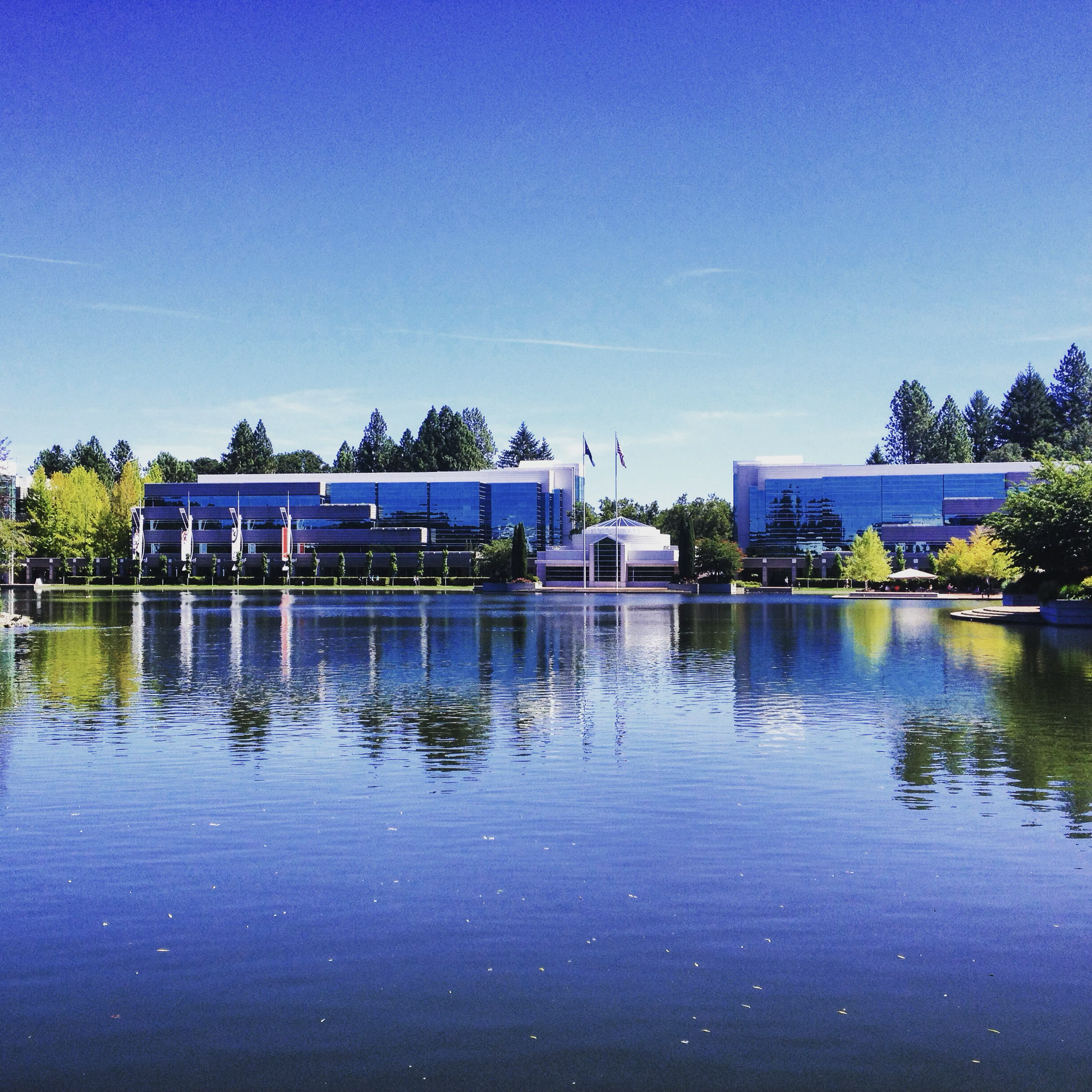 Campus buildings beside a lake