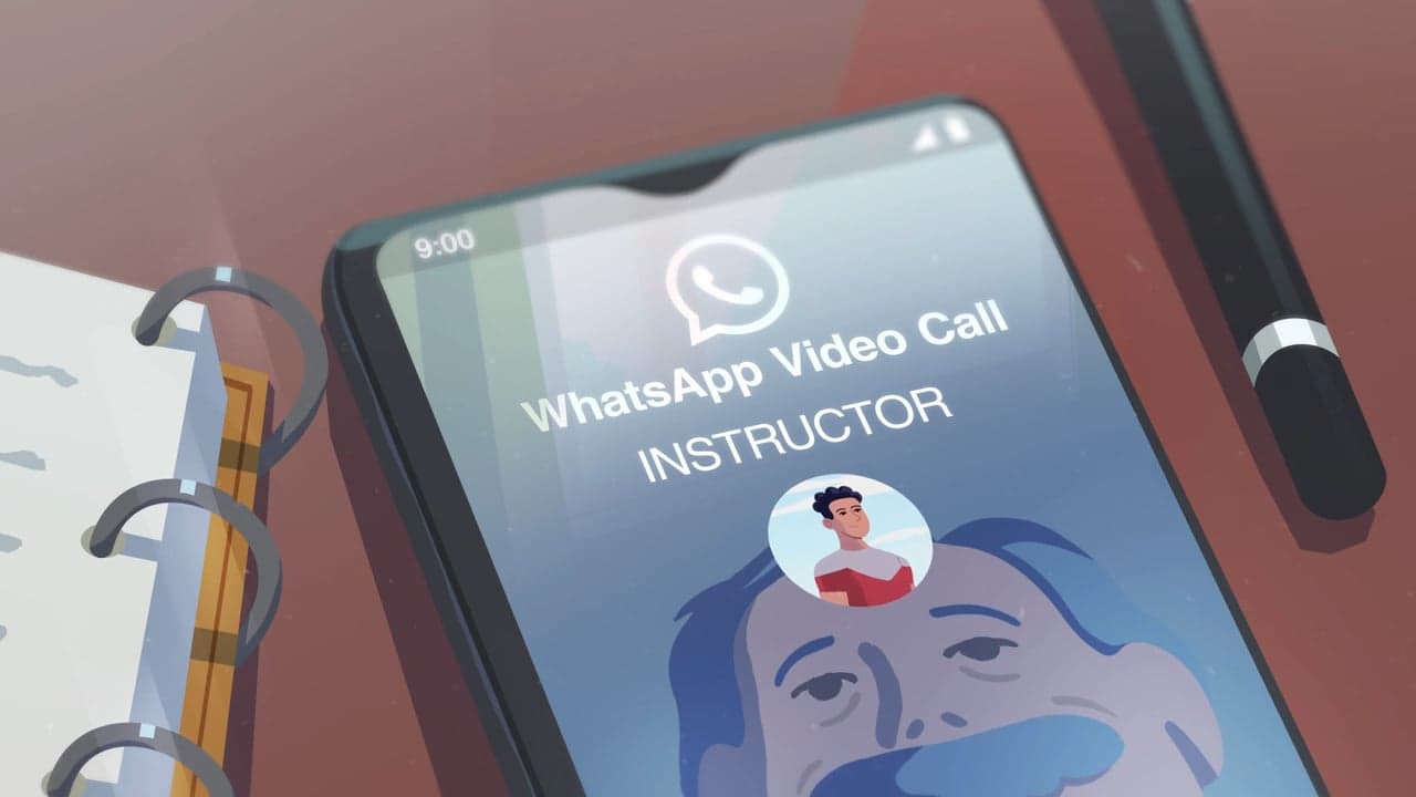 An animated phone screen shows an incoming video call from a fitness instructor.