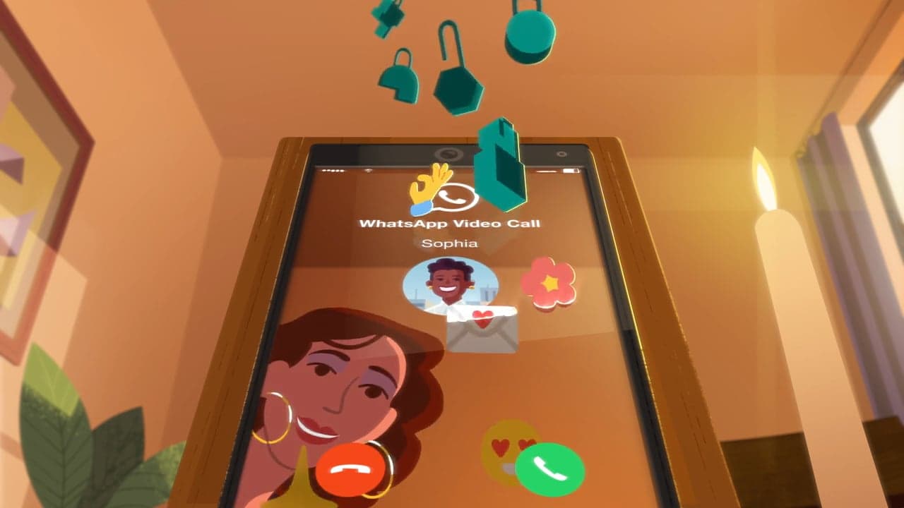 Animated stickers and encryption symbols float above a phone showing an incoming video call.