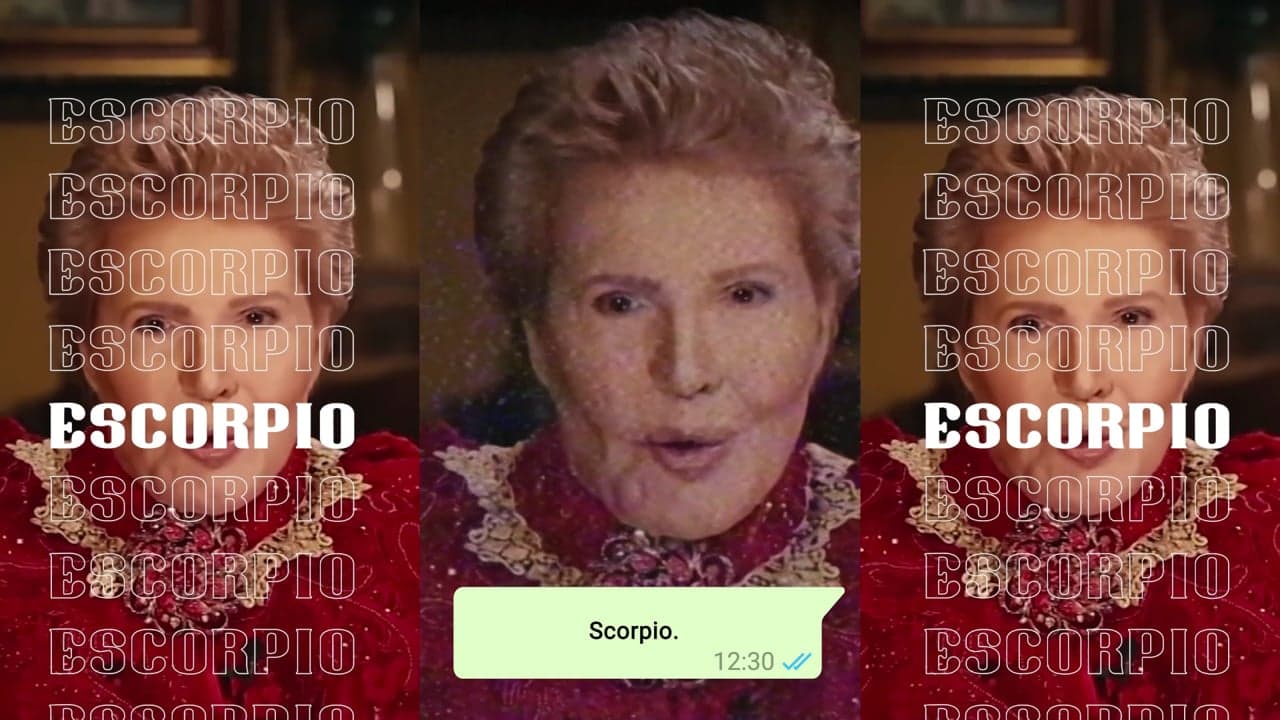 Walter Mercado appears in a Scorpio horoscope with a WhatsApp message caption.