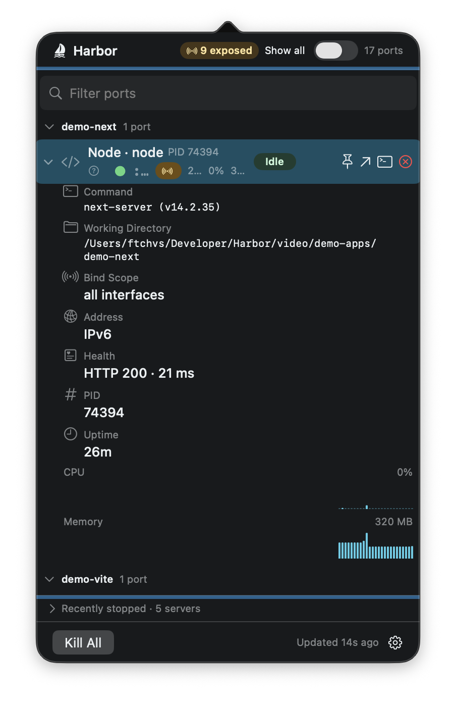 Harbor's detail inspector expanded on a row, showing the command line, working directory, bind scope, and CPU/memory bar sparklines
