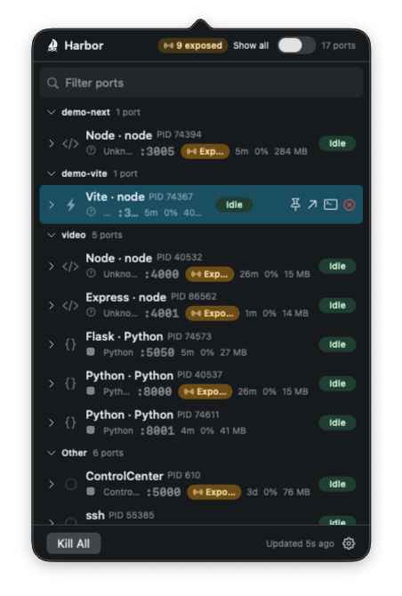 The same Harbor panel in dark mode