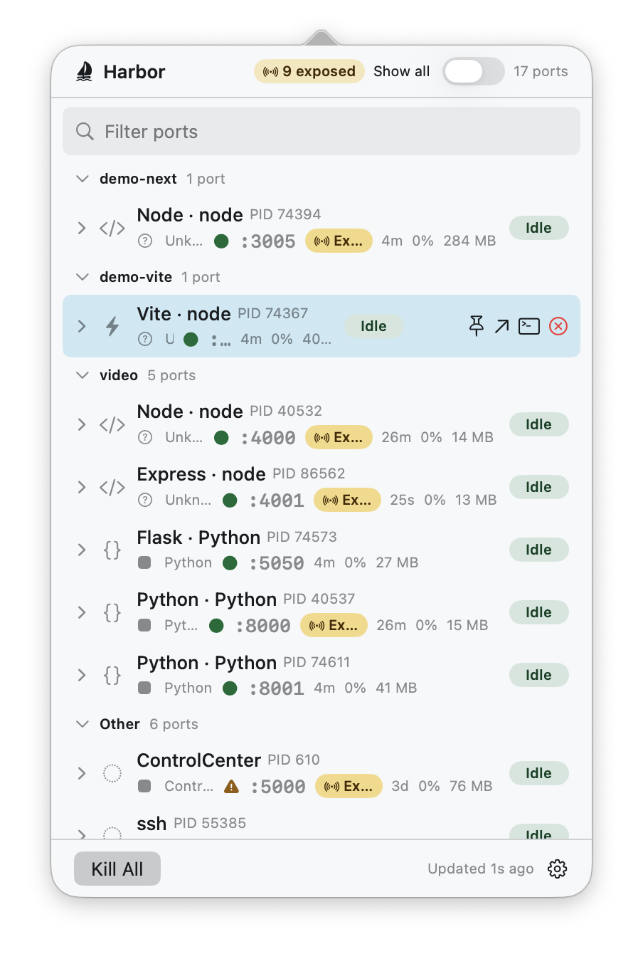 Harbor's menu-bar panel showing local dev servers with framework badges, ports, uptime, and vitals in light mode
