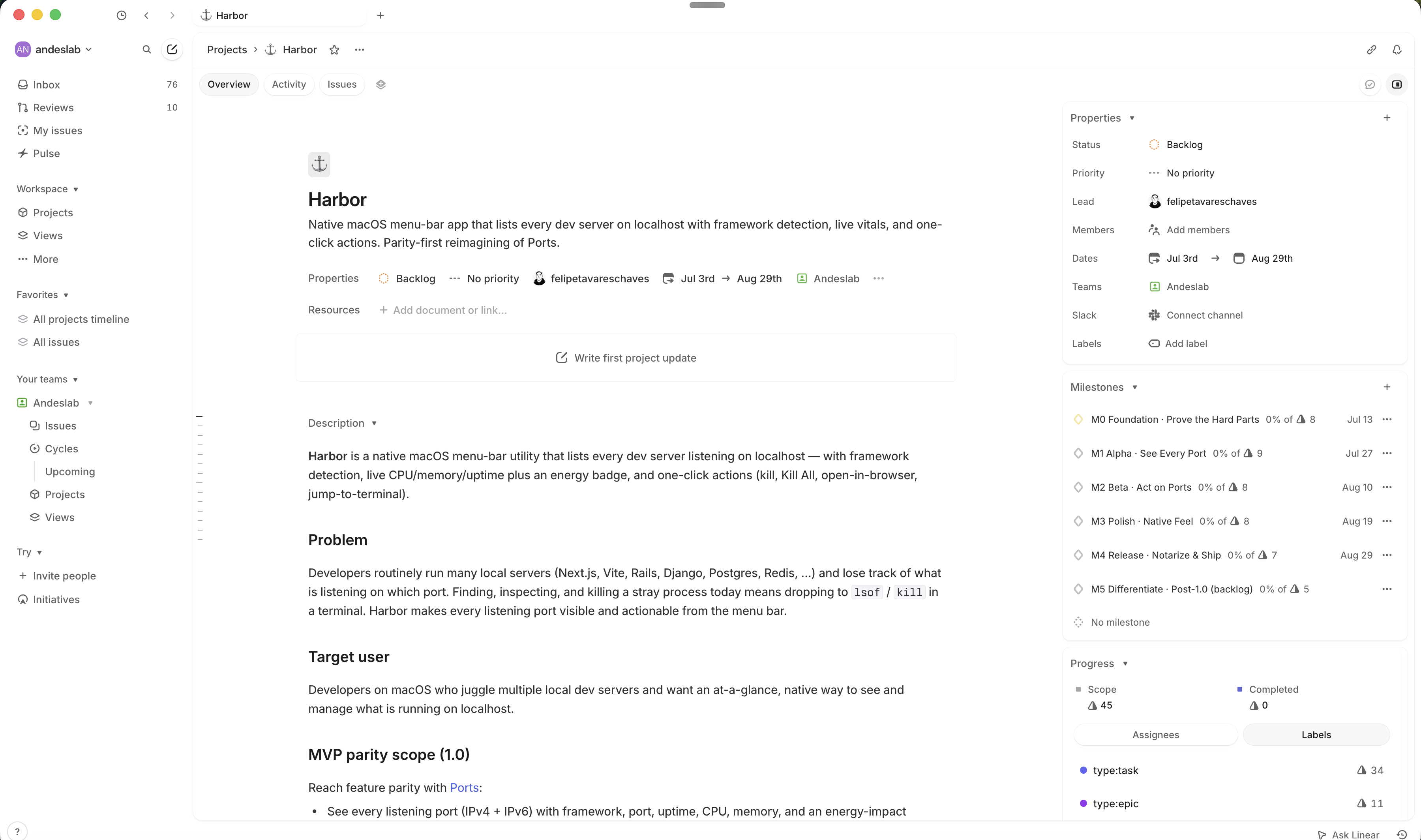 Linear project overview with properties, milestones, and project context attached to the work.