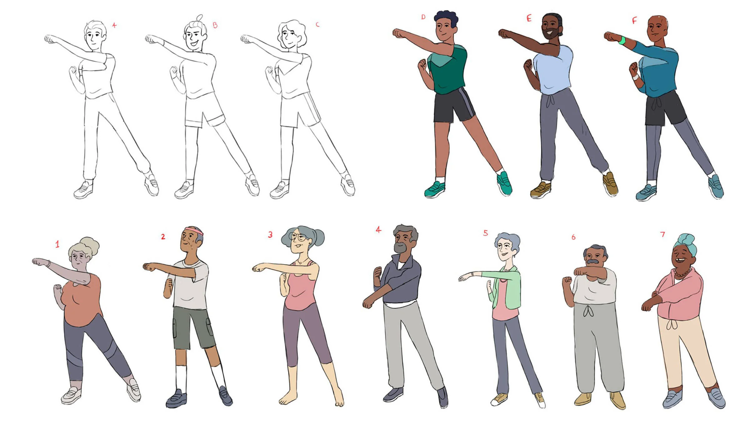 Sketches and colour studies of a fitness instructor and older exercise-group participants.