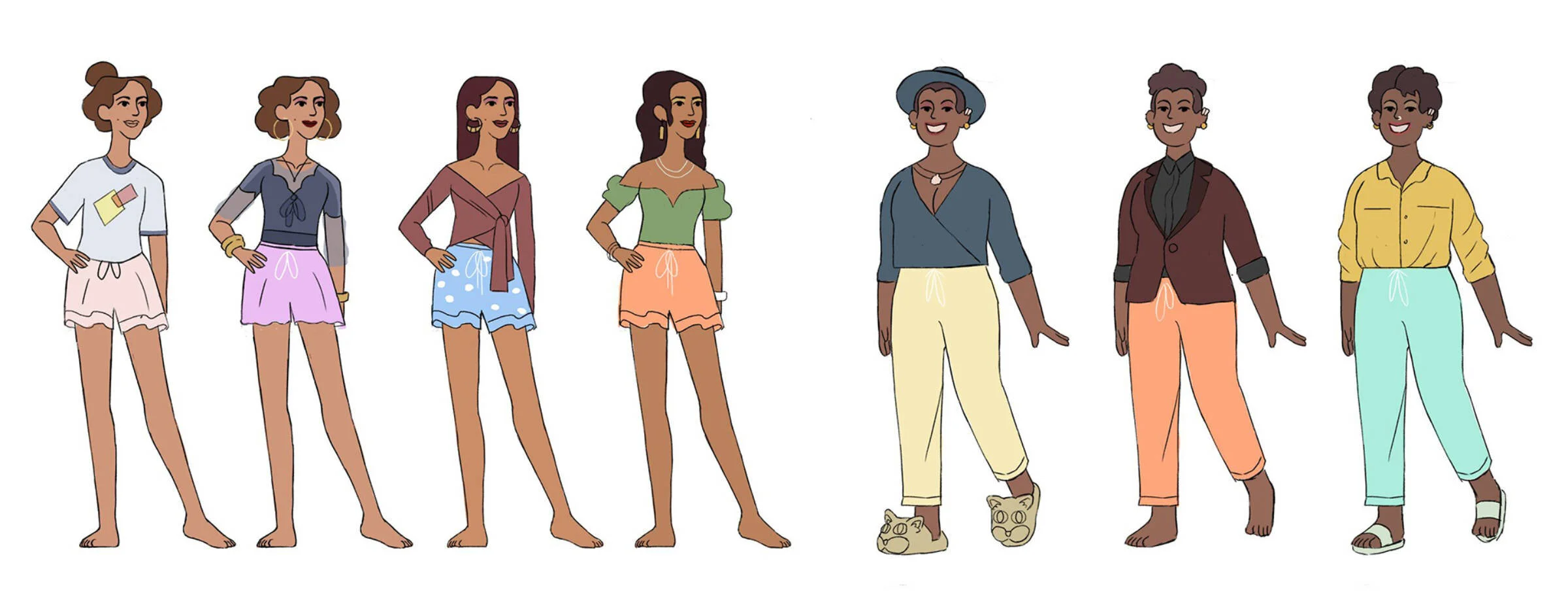 Character costume studies showing the two women in First Date in different outfits.