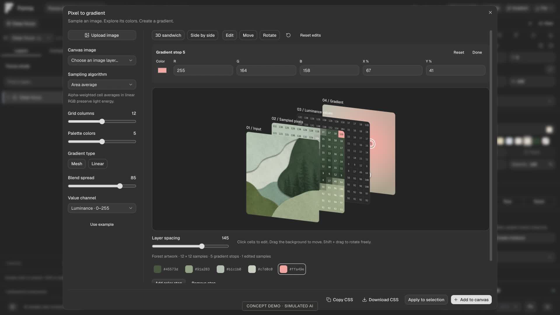 Forma pixel and gradient editor with an image sample, color controls, and editable gradient stops.