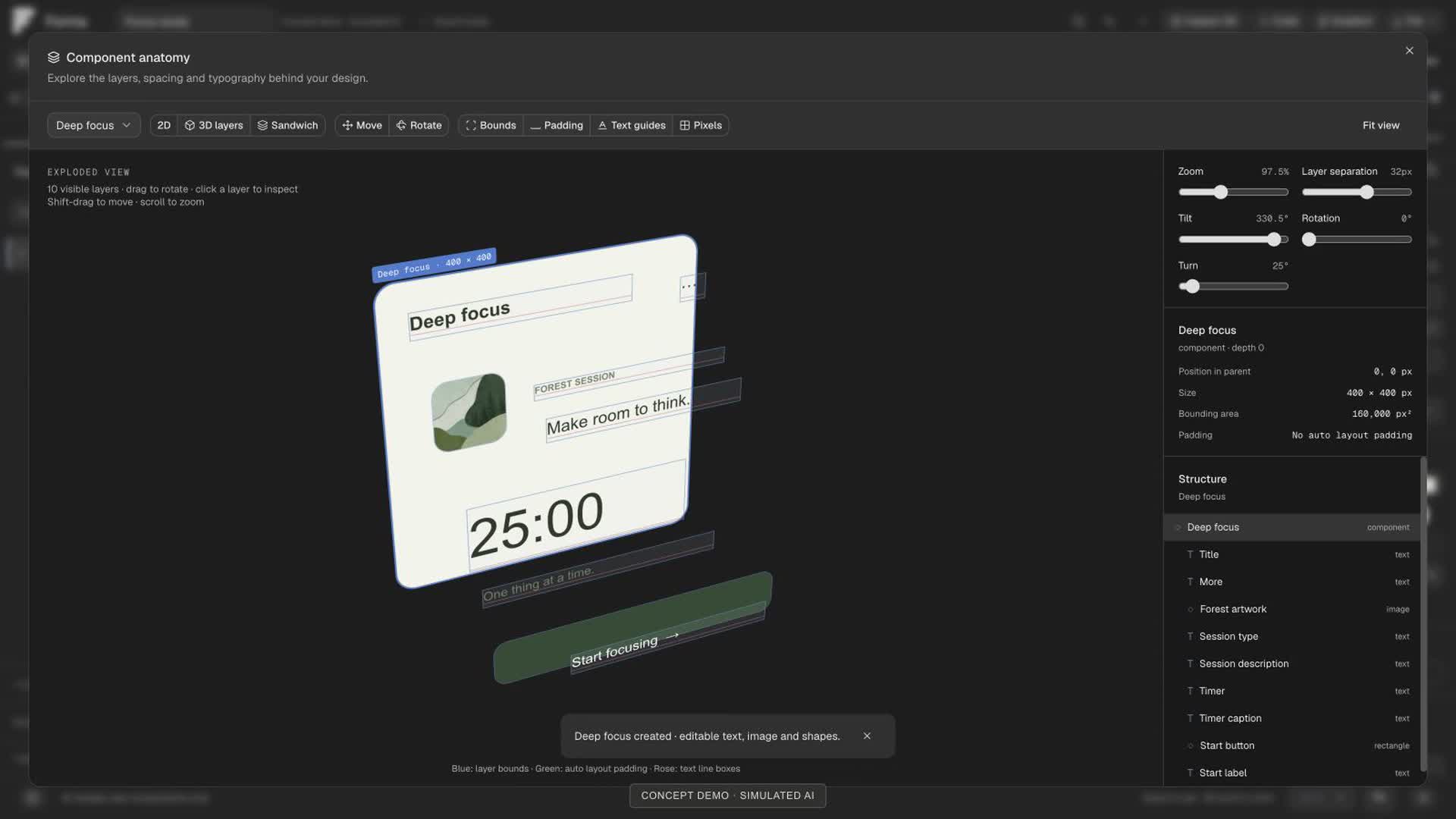 Forma's expanded 3D layer stack separates the component background, text, and controls.